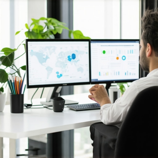 AI and Local SEO Analytics for GMB Success Office workspace with AI tools analyzing local SEO and Google Maps data.