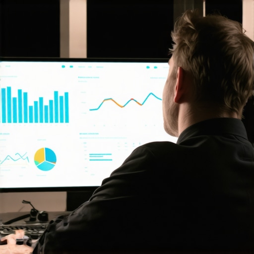 Business professional reviewing late-evening search analytics on a computer.