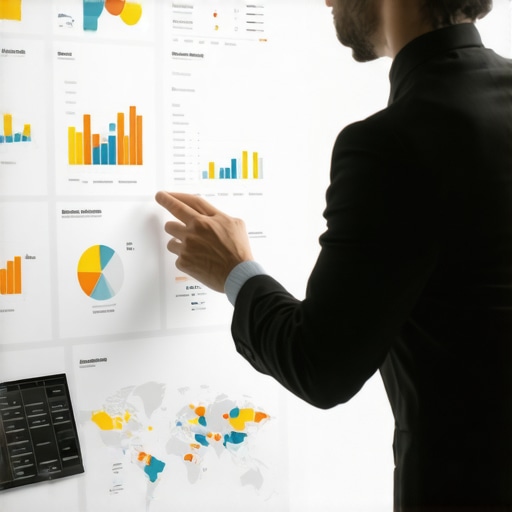 A person analyzing SEO data on a digital dashboard with maps and graphs.