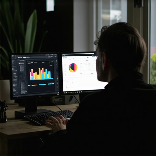 Digital marketing expert reviewing local SEO analytics on screens at dawn