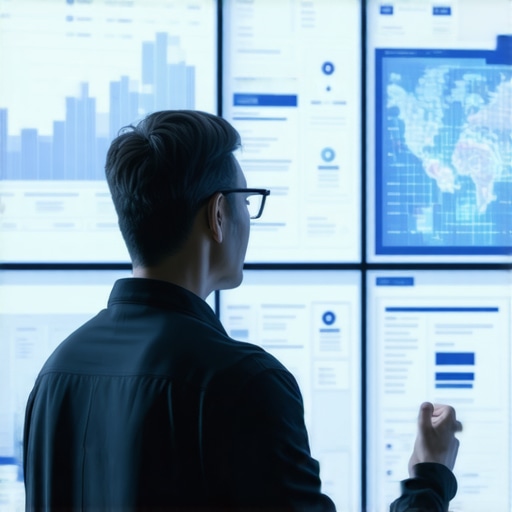 Futuristic AI system analyzing local SEO data on digital screens in a modern office environment