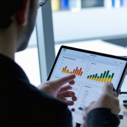 Business owner reviewing local SEO metrics with AI-powered analytics on a tablet