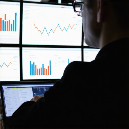 SEO analyst reviewing local search data on digital screens.