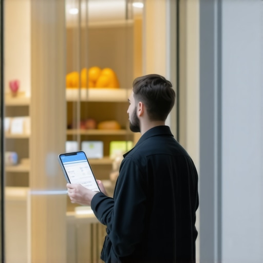 A person using augmented reality glasses to view a virtual storefront overlay in a city environment