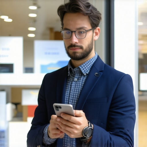 Business owner exploring augmented reality features on smartphone in front of storefront