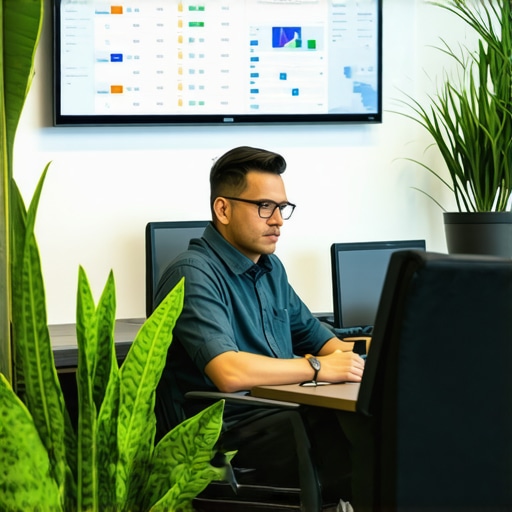 Business owner reviewing Google My Business analytics and AI insights in a high-tech office