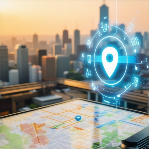 Cityscape with digital maps, voice icons, and augmented reality overlays illustrating advanced local SEO techniques.