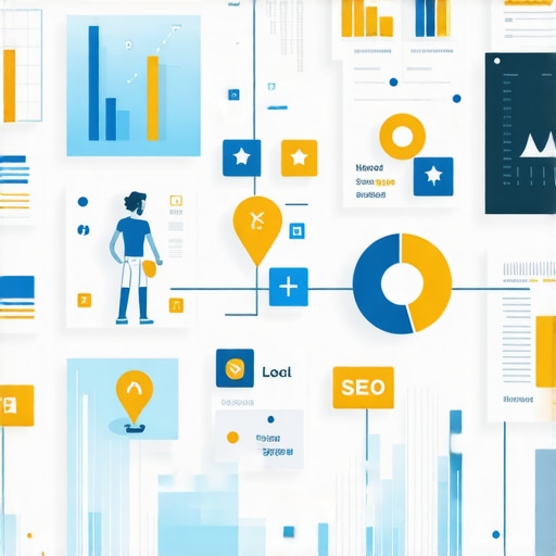 Digital strategy board showing AI analytics and local SEO icons