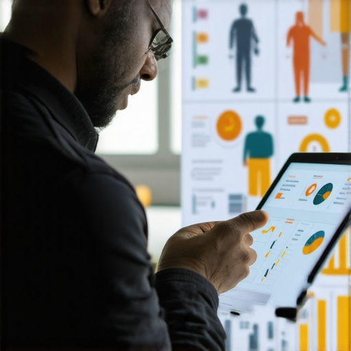 Business owner reviewing local data analytics with community background.