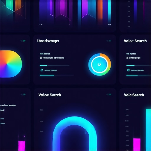 A digital dashboard with analytics, heatmaps, and voice search icons illustrating advanced local SEO tools