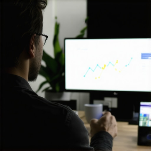 Business owner using AI tools to analyze customer reviews in a modern office