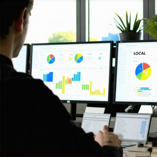 Person analyzing sophisticated local SEO data on multiple screens