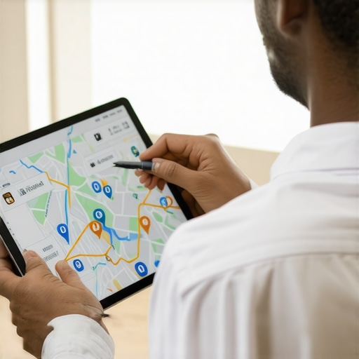 Business owner reviewing local SEO analytics and maps on tablet