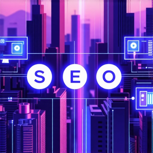 Illustration of futuristic local SEO tools integrating AI, AR, and voice search in urban environment.