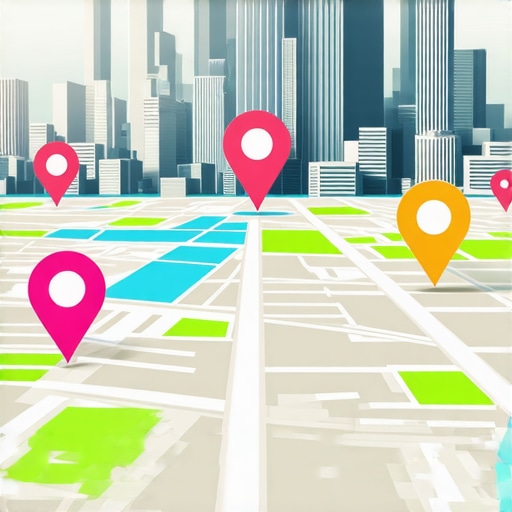 Cityscape with digital maps and SEO icons illustrating advanced local SEO techniques.