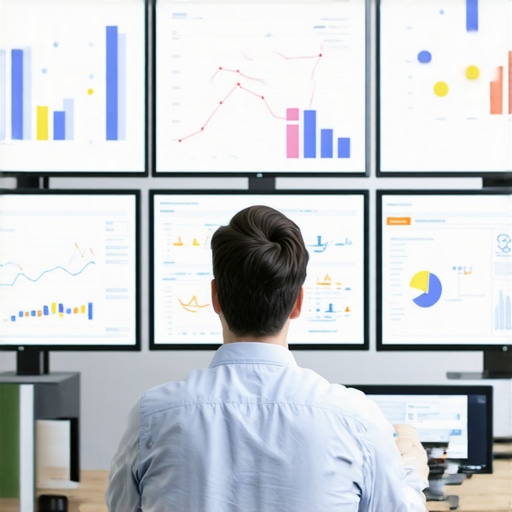 SEO analyst monitoring GMB performance metrics on digital dashboards.