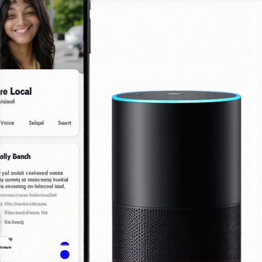 Smart speaker interacting with local business profile for voice search optimization.