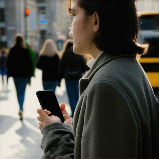 Person using voice assistant device outdoors in city