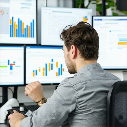 Business owner reviewing local SEO data analytics with AI integration in a modern office setting.