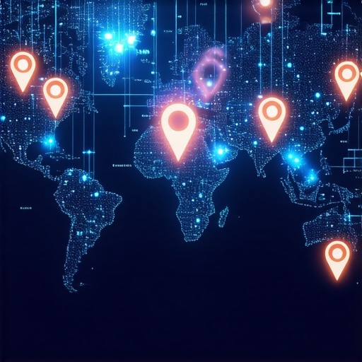 A futuristic digital map demonstrating advanced local SEO strategies with AI analytics overlay.