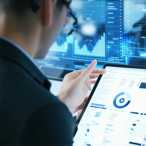 Business owner reviewing data analytics with AR overlays demonstrating local SEO insights.