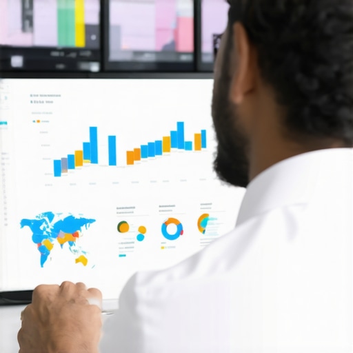 Business owner reviewing SEO data on a high-tech dashboard with charts and maps