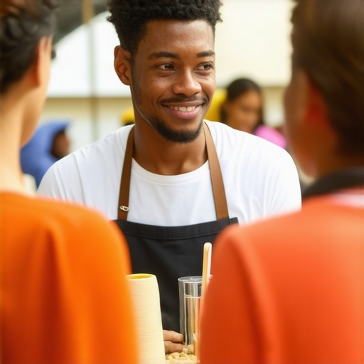 Community engagement in local business Business owner interacting with customers in a local town environment