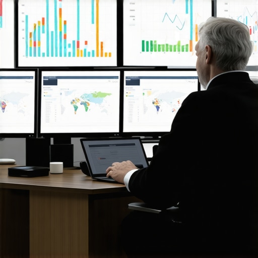 Business owner reviewing local SEO analytics on screens with maps and graphs.