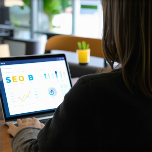 Business owner reviewing local SEO analytics on a laptop, highlighting strategic planning.