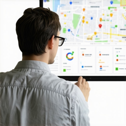 Business owner reviewing local SEO analytics on digital dashboard.