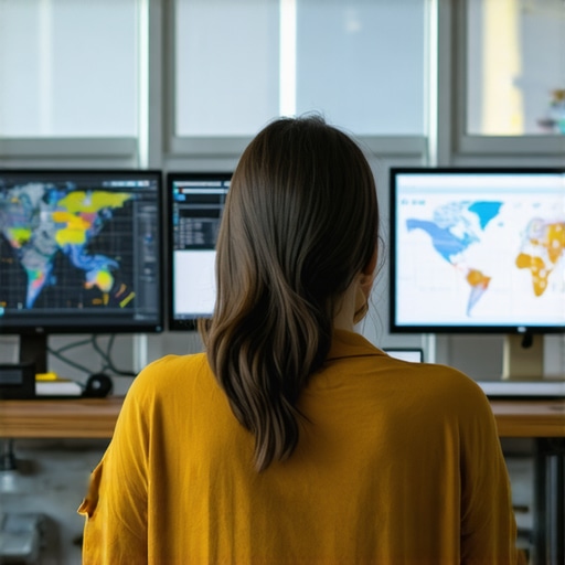 Data-driven Local SEO Analysis A marketing expert reviewing local SEO analytics with charts and maps on screens.