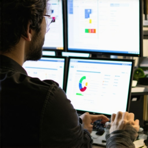 SEO analyst analyzing local search metrics on multiple screens.