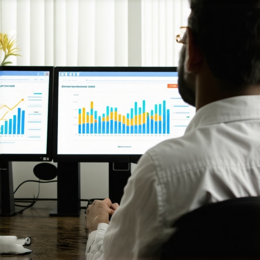 Marketing strategist reviewing local SEO analytics on computer screens.