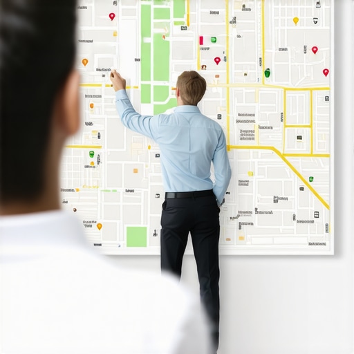 A professional using augmented reality to plan local SEO tactics, symbolizing advanced strategic insights for 2025.