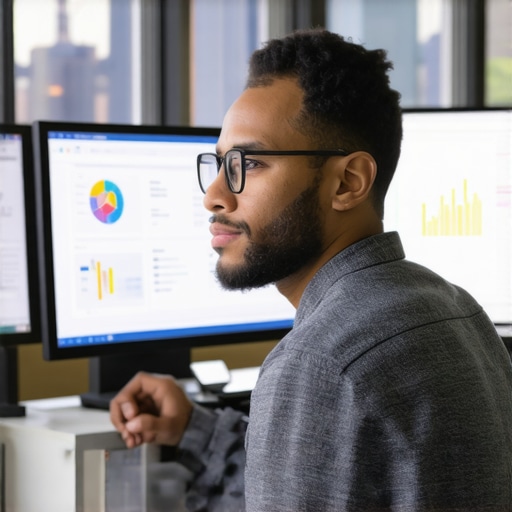 A marketer reviewing detailed SEO metrics on a laptop with city in background.