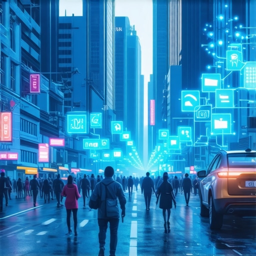 Futuristic cityscape illustrating advanced local marketing technologies.