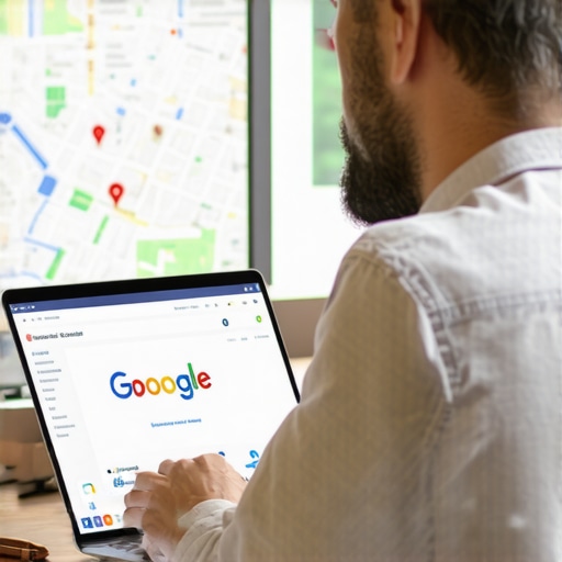 A person working on a laptop editing a Google My Business profile with local maps visible on the screen.
