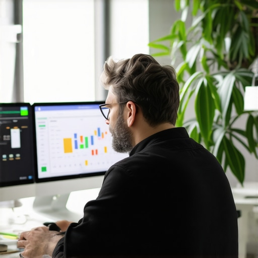 SEO Strategist Analyzing Local Search Data A professional analyzing local SEO data on a computer in an office setting.