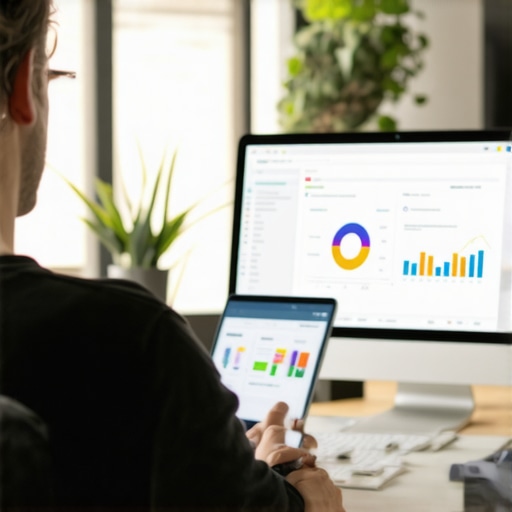 Business analyst reviewing local SEO data and charts on a computer for Google My Business optimization.