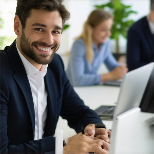 Team Collaborating on GMB Profile Update A team of professionals working together to optimize a Google My Business profile in a modern office setting.