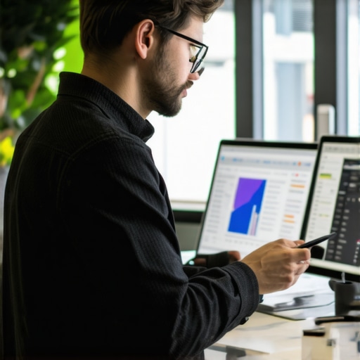 Business owner analyzing local SEO data with AI tools on digital dashboard.