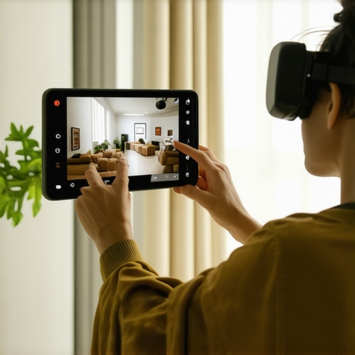 Person experiencing augmented reality to view furniture in their living room.