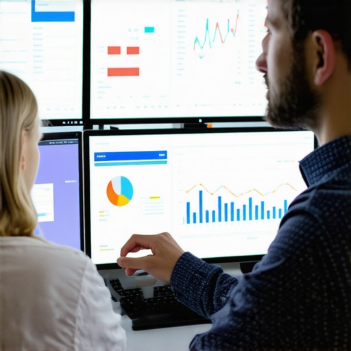 Data Analysis for GMB SEO Analyst reviewing digital marketing data and analytics charts on screens