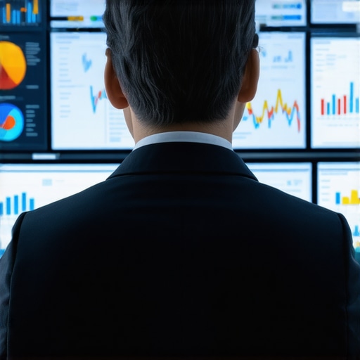 Businessman reviewing digital analytics dashboards with charts and graphs, representing advanced SEO strategies.