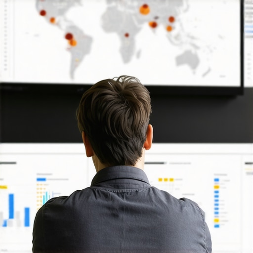 Data-Driven Local SEO Strategy Business owner reviewing local SEO analytics on a digital screen with maps and charts.