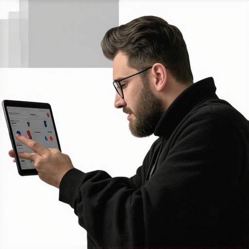 Business owner managing Google My Business profile with data analysis tools.