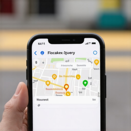 Smartphone screen showing a voice search for nearby services in a city environment