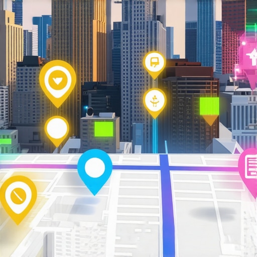 Futuristic city map showing augmented reality features and local business icons integrated with AI overlays