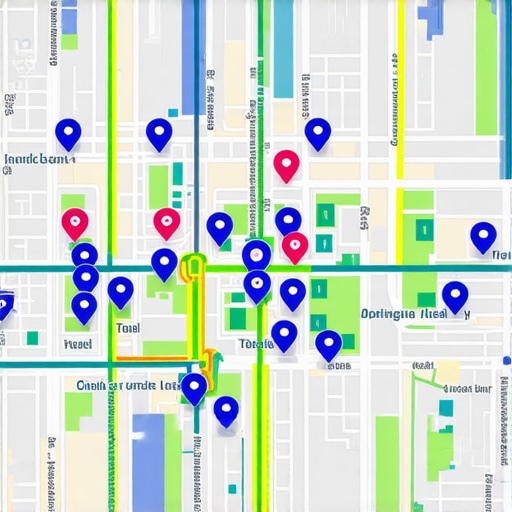 A detailed digital map with AR overlays and geospatial data analytics highlighting strategic business locations.