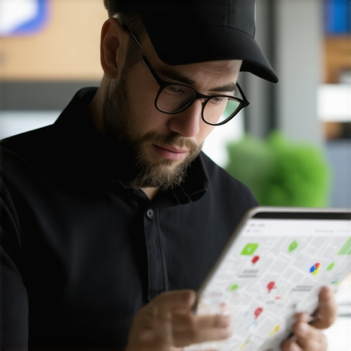 Advanced Local SEO Strategies with AR and AI Business owner using a tablet with AR overlays and local landmarks in the background.